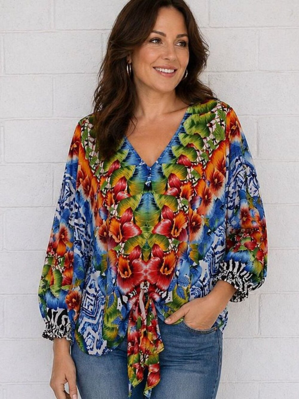 Alberto Makali M Oversized Colorful Brazilian Garden Dolman Sleeve Tie Front Top